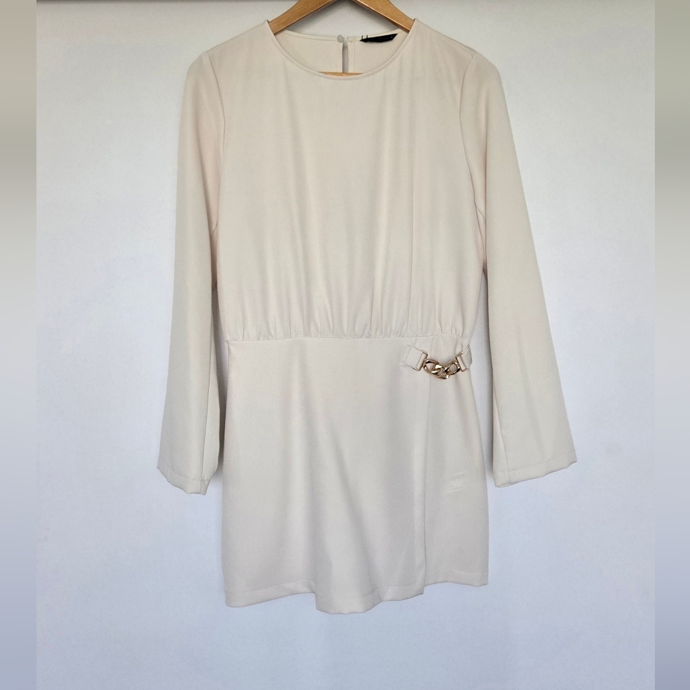 Zara Gold Chain Crepe Jumpsuit With Skirt Women's Medium In Ivory
